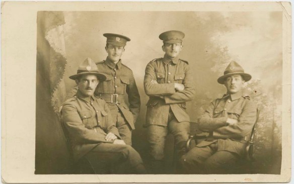 Photograph of Private Albert Cooper (front left), and three other unidentified soldiers take at Electric Studio, 90 Manners Street, Wellington, October 1914, prior to the departure of NZEF. collection of Hawke’s Bay Museums Trust, Ruawharo Tā-ū-rangi,[75041] 